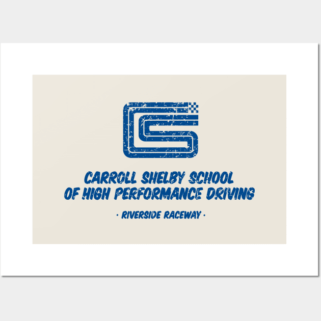 1962 Carroll Shelby School of High Performance Driving  - blue distressed print Wall Art by retropetrol